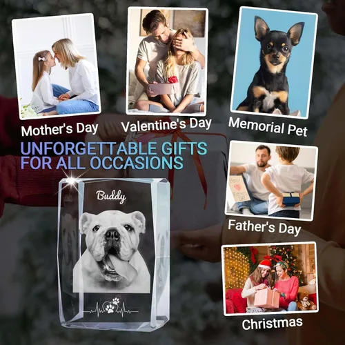Vista 6 de Marco de fotos de cristal 3D personalizado con luz nocturna para mascotas conmemorativo con mis fotos, regalo de aniversario de Navidad