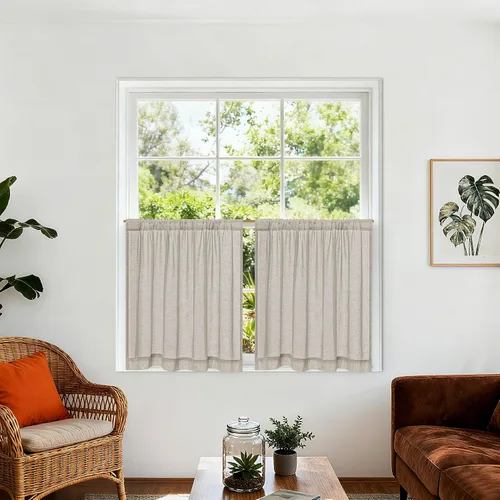 Vista 18 de Cortinas de cocina de lino semitransparente beige de 24 pulgadas de largo, 2 paneles Cream, Cafe Short Curtains, for Bathroom Small Windows, Light