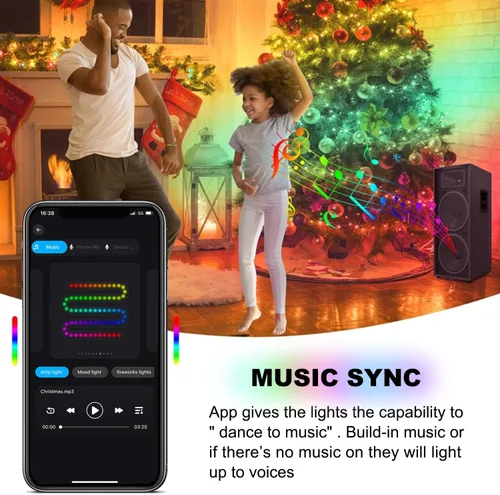 Vista 4 de Luces de cadena para árbol de Navidad con aplicación inteligente Ring, 200 luces LED cascada, impermeables IP65, modos múltiples con mando a