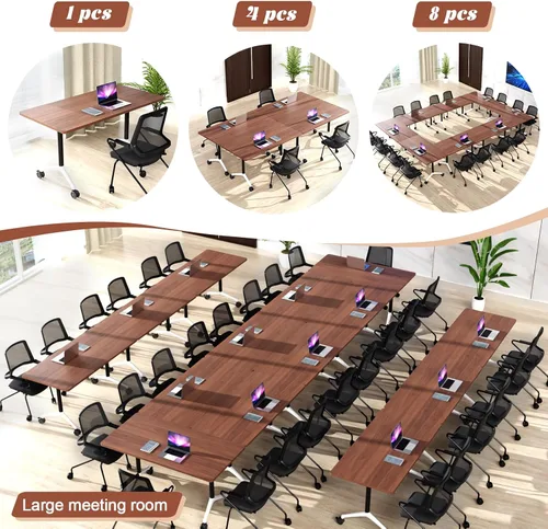 Vista 5 de Mesa de sala de conferencias, mesa de conferencias de 55.1 pulgadas con ruedas, moderna mesa de entrenamiento de conferencias de color madera Nuez