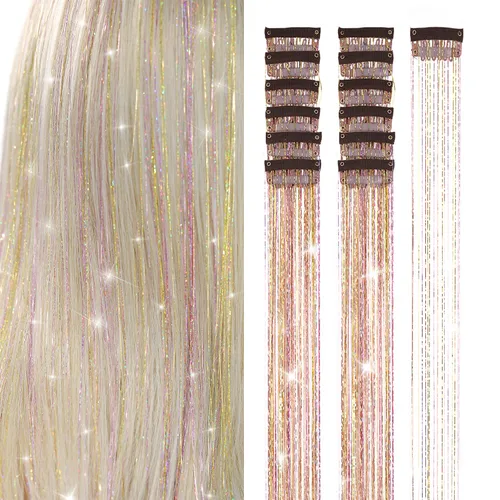 Vista 18 de Ubeleco Kit de oropel para cabello negro de 12 piezas, accesorios de cabello con clip de 52 cm, kit de oropel de pelo de hada para Navidad y Año