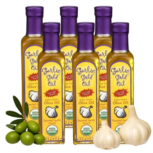Vista 9 de Garlic Gold Aceite de oliva virgen extra infundido con ajo, certificado orgánico USDA premium, bajo FODMAP, prensado en frío (8.44 onzas líquidas)