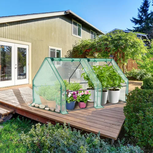 Vista 7 de Ohuhu Mini invernadero portátil, invernaderos de 71 x 36 x 36 pulgadas para exteriores con puertas dobles grandes con cremallera y estacas de Verde