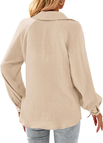 Vista 2 de PRETTYGARDEN Blusa de moda de otoño 2023 para mujer, casual, manga larga, cuello en V, camisas de lino y algodón