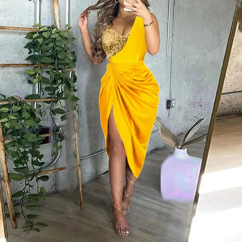 Vista 4 de KUIOLYPOER Vestido de invitada de boda de verano para mujer, sexy, con lentejuelas, con abertura, vestido de cóctel de un solo hombro