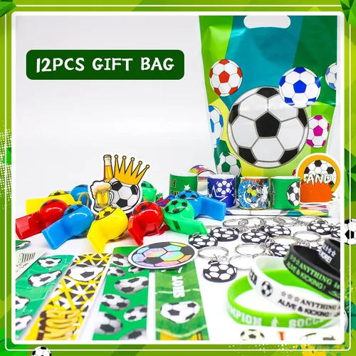 Vista 6 de Miucat 120 piezas de recuerdos de fiesta de fútbol, bolsas de golosinas de fútbol con calcomanías de tatuaje de silbato, pulseras y llaveros