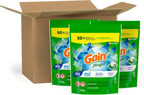 Vista 5 de Gain Flings! Jabón líquido para ropa sucia, compatible con HE, paquete de 3 bolsas, 111 unidades, aroma de larga duración, aroma a brisa feliz
