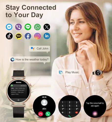Vista 2 de Reloj inteligente para mujer con llamada Bluetooth, reloj de fitness de 1.27 pulgadas, contador de pasos, monitor de sueño de frecuencia cardíaca