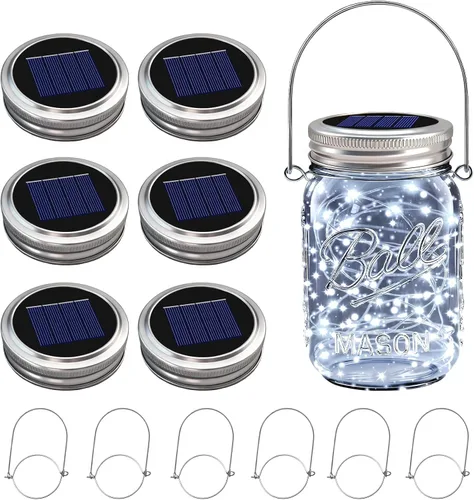 Vista 10 de VOOKRY Paquete de 6 luces solares para tarros de masón, 30 tapas LED para tarros de masón, impermeables, con 6 ganchos (sin tarros), para patio al