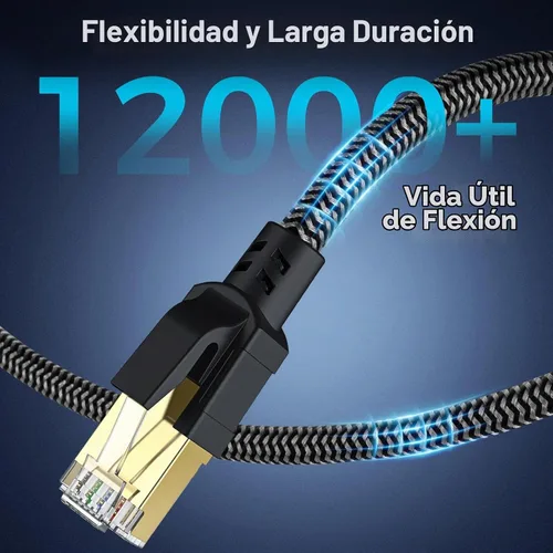 Vista 6 de Cable Ethernet Cat 8 de 2 pies, cable de red trenzado de alta velocidad con conector RJ45 chapado en oro de 40 Gbps 2000 Mhz, cable LAN resistente