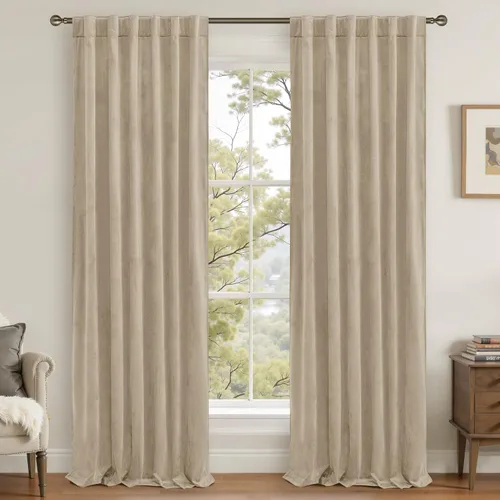 Vista 16 de LAMIT - Paneles de terciopelo beige para sala de estar de 72 pulgadas de largo, elegantes cortinas aisladas térmicamente e insonorizadas