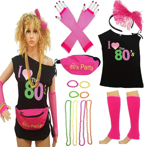 Vista 2 de Traje de los años 80 para mujer y accesorios conjunto Fanny Pack brazalete diadema pierna
