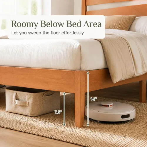 Vista 7 de KOMFOTT Twin Size Rubber Wood Bed Frame with Tall Headboard, Caramel Brown