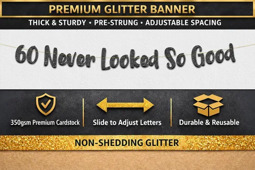 Vista 3 de Cartel negro con purpurina preencordada de 60 "Never Looked So Good", decoraciones para cumpleaños de 60 años y aniversario para hombres y mujeres