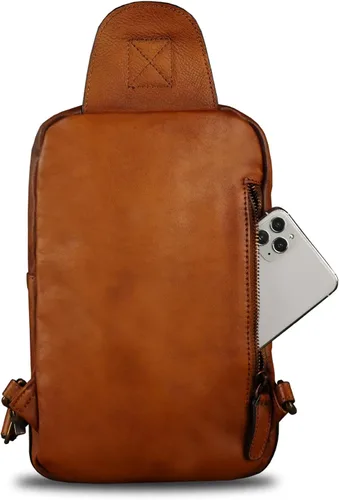 Vista 3 de Bolso bandolera de cuero genuino Mochila casual de senderismo Mochila vintage hecha a mano Crossbody Bag Retro Chest Daypack (marrón)