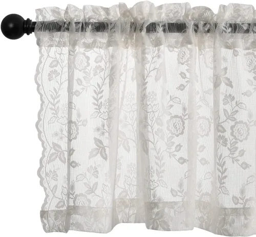 Vista 43 de FINECITY 2 paneles de cortinas de encaje beige de 36 pulgadas de largo con hojas florales rústicas, cortinas cortas y transparentes para ventana