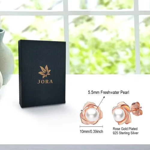 Vista 6 de JORA Aretes de oro rosa y plata esterlina con perla en flor negra, para mujer