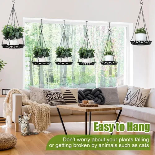 Vista 5 de Enhon Paquete de 6 macetas colgantes de metal, colgador de plantas de 12 pulgadas para interiores y exteriores, elegante estante decorativo negro