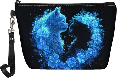 Vista 12 de Howilath Abstract Art Cat Cosmetic Pouch for Women PU Leather Toiletry Storage Bag Trapezoid Makeup Bags with Wrist Strap