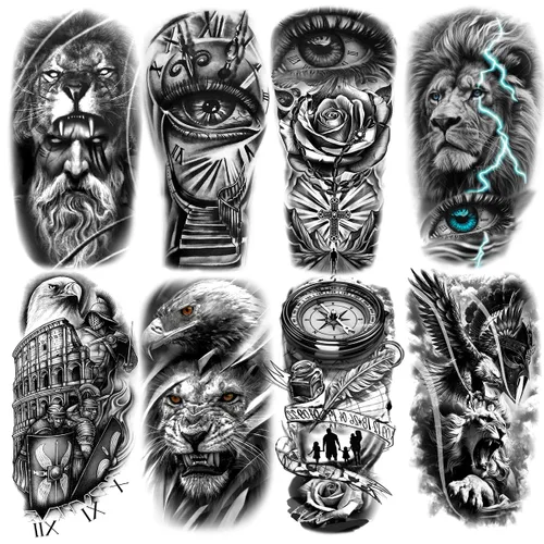 Vista 11 de 8 hojas de calcomanías temporales para tatuajes temporales de pierna de brazo de león del bosque, Jesús, cráneo, cráneo, rosa, corona de rosas