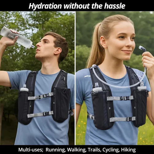 Vista 2 de Running Hydration Vest for Women and Men. Reflective, 8 Pocket, Quick Dry, Water-Resistant, Breathable, Adjustable Backpack for Runs, Hiking