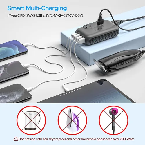 Vista 4 de SOKOO Convertidor de voltaje reductor de 230 vatios de 100-220 V a 110 V, convertidor de corriente internacional/adaptador de viaje, uso