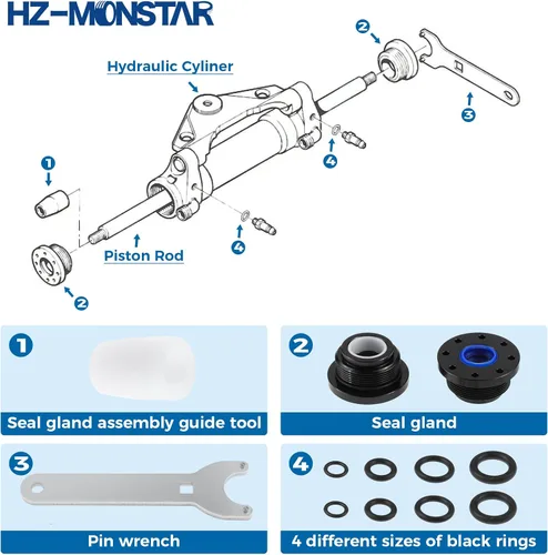 Vista 3 de HC5345 Kit de sellos, HS5157 Kit de sello de cilindro de dirección hidráulica de montaje frontal con llave de pasador y juntas tóricas, compatible