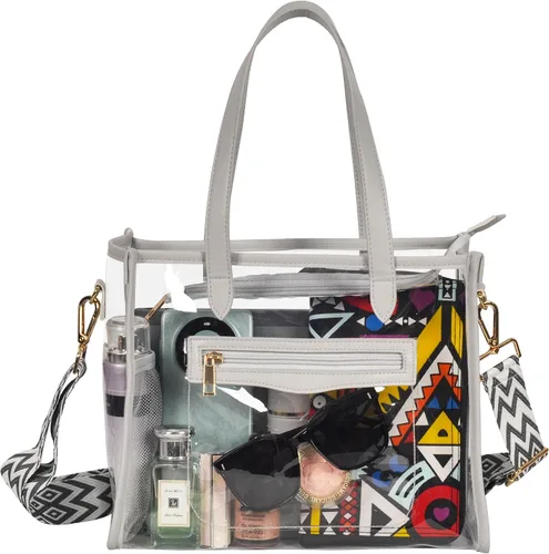 Vista 8 de Bolsa transparente para mujer, bolsa gruesa de PVC transparente, bolsa de estadio transparente con correa de guitarra