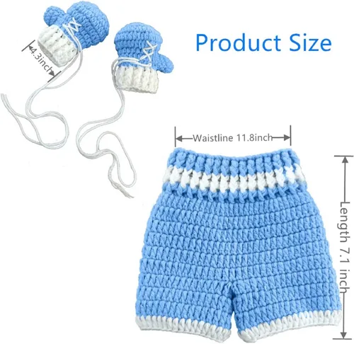Vista 2 de Accesorios de fotografía para recién nacidos, para bebé, niña, niño, hecho a mano, para disfraz, estilo boxeo, guantes y pantalones, azul y blanco