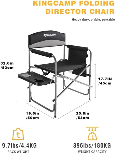 Vista 3 de KingCamp Silla de director acolchada plegable para acampar con mesa auxiliar y bolsillo, color gris