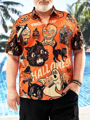 Vista 3 de Hardaddy Camisa de Halloween para hombre, manga corta, con botones, divertida impresión, casual