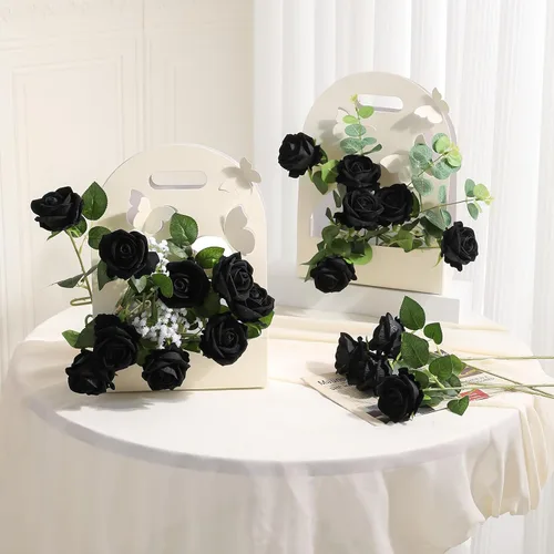 Vista 2 de Hawesome Rosas artificiales de seda – 12 piezas de rosas negras artificiales con tallos para decoración del hogar, boda, centro de mesa, hotel