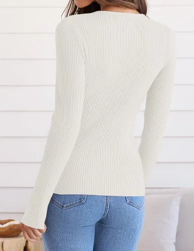 Vista 4 de ZESICA - Camisas de manga larga y cuello redondo para mujer, suéter básico e informal de punto y corte ajustado para primavera