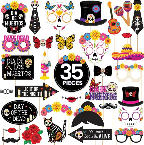 Vista 2 de KatchOn, Juego de accesorios de Halloween, paquete de 35 Accesorio de cabina de fotos del Día de los Muertos para decoraciones de fiesta mexicana