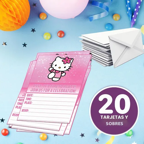 Vista 6 de Juego de 20 lindas tarjetas de invitación de cumpleaños con diseño de gatitos rosas y sobres – Ligeras (240g), invitaciones estilo postal