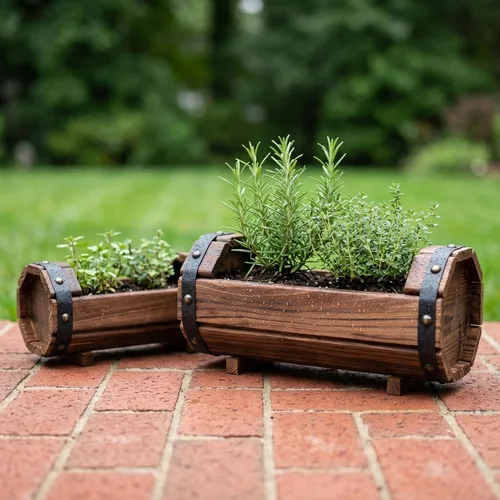 Vista 4 de DOITOOL Macetas de medio barril para exteriores, paquete de 2 macetas rústicas de madera maciza para plantas, juego de macetas de barril de vino