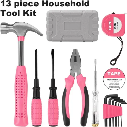 Vista 3 de Juego de herramientas rosa de 13 piezas, mini caja de herramientas para mujeres. Kit de herramientas para el hogar con caja de herramientas