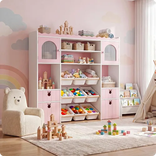 Vista 7 de Organizador de almacenamiento de juguetes para niños de 46.46 pulgadas de alto, baúl de juguetes con estante para libros, cubos de almacenamiento
