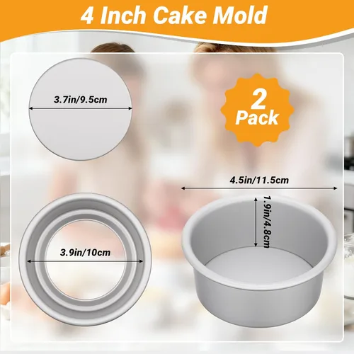 Vista 2 de Beasea Molde para pasteles de 4 pulgadas, paquete de 2 mini moldes redondos de aleación de aluminio con parte inferior extraíble, molde de lata