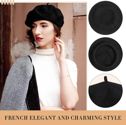 Vista 2 de 15 piezas de boina de lana para mujer, boina francesa de lana, boina de artista, gorra de invierno de color sólido para mujeres y niñas (negro)