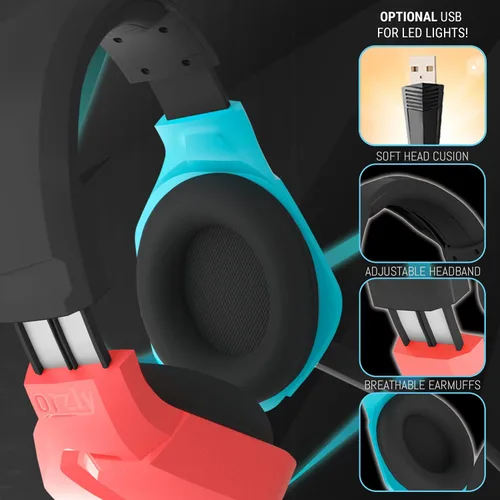Vista 4 de Orzly Auriculares para juegos con micrófono para Nintendo Switch OLED y Lite Joycon Color Match con Micrófono de Luz LED y Control Remoto - Hornet