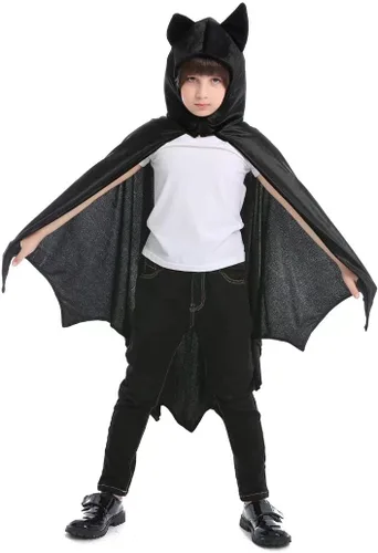 Vista 6 de OLLULL Disfraz de superhéroe para cosplay, capa de murciélago para niños y niñas, disfraz de superhéroe de Halloween, color negro