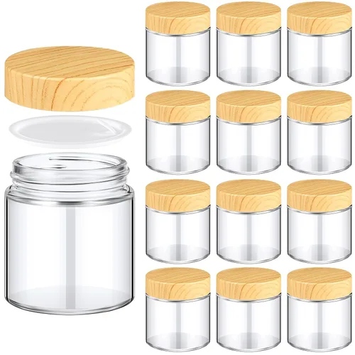 Vista 17 de Norme 120 tarros de vidrio de 4 onzas con tapas, recipientes de vidrio vacíos con tapas de grano de madera y revestimientos interiores