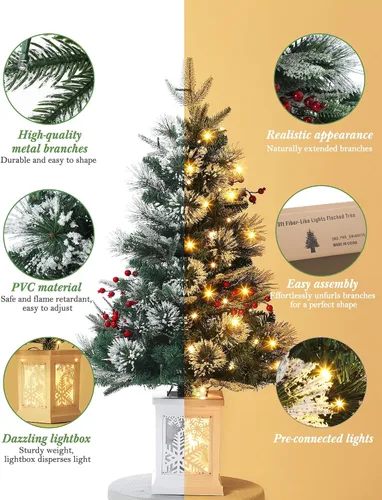 Vista 3 de Árbol de Navidad artificial preiluminado de 3 pies, árbol de Navidad de nieve flocada premium con LED blanco cálido, mini árbol de Navidad Base