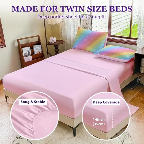 Vista 5 de Juego de ropa de cama arcoíris tamaño individual, edredón reversible de 5 piezas para niñas con sábana de bolsillo profundo, diseño degradado