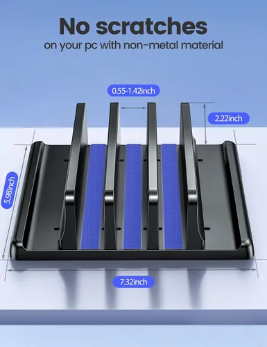 Vista 4 de Vaydeer Organizador vertical de 3 ranuras para laptop, soporte de almacenamiento para portátil hecho de plástico ABS de alta calidad, diseño 5 en 1