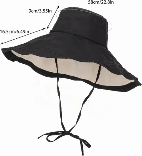 Vista 4 de Sombrero de sol de ala grande para mujer, protección UV, sombrero de pesca para playa, gorra para exteriores Negro/Beige