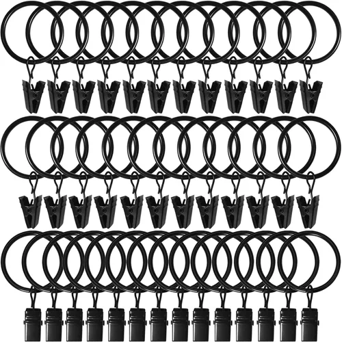 Vista 27 de WeeksEight Paquete de 44 anillos de cortina negros con clips, ganchos de cortina, ganchos de clip para colgar cortinas, lazos, sombreros, anillos