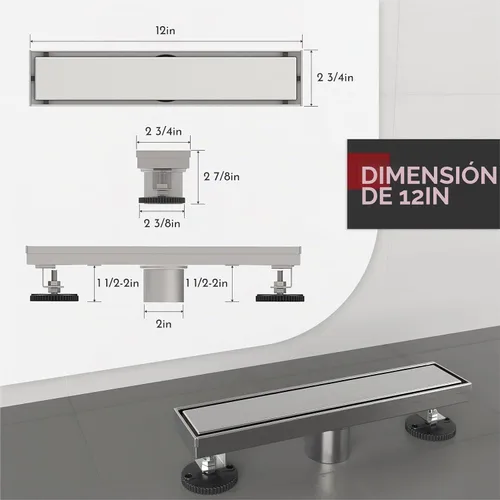 Vista 2 de Drenaje de ducha lineal de 12 pulgadas, desagüe de piso rectangular con accesorios, cubierta reversible 2-en-1, rejilla de inserción de azulejos