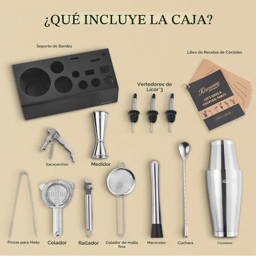 Vista 2 de KITESSENSU Boston Shaker Set Mixology Bartender Kit Kit de coctelera premium con soporte Accesorios profesionales para herramientas de bar
